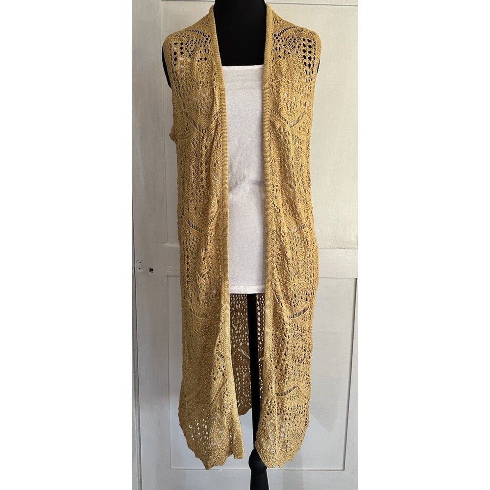 Chelsea & Theodore Women’s Yellow Open Front Crochet Cardigan Duster Vest Sz L